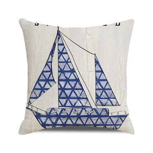 Moderner Kissenbezug mit Segelboot-Motiv in Beige und Blau aus strukturiertem Canvas