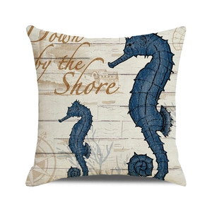 Federa per cuscino nautica con cavallucci marini e testo Down by the Shore su lino