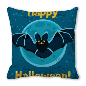 Detail of Happy Halloween pillow case featuring a cute cartoon bat and full moon