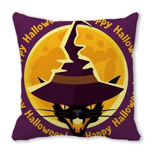 Detailed view of Halloween pillow cover featuring a black cat, witch hat, and full moon motif