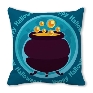 Detail of Happy Halloween cushion cover showing a witch cauldron with vibrant bubbles