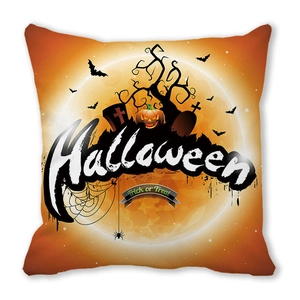 Close-up of Halloween peach skin pillowcase with pumpkin and Trick or Treat print