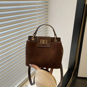 Minimalist large brown suede tote bag with golden metal lock for office commuting