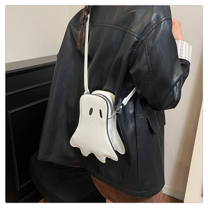 Detailed back view of a white ghost-shaped PU leather crossbody bag worn by a model