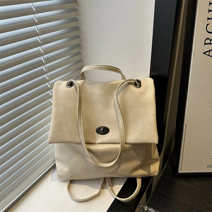 Retro cream white PU leather backpack with top handle and metal buckle for students