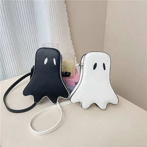 Cute cartoon ghost crossbody bag in black and white colors made of smooth PU leather