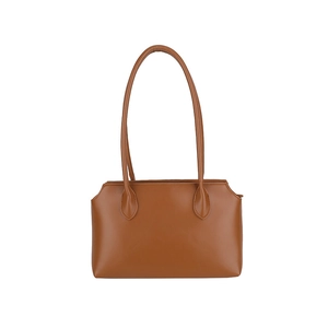 Classic caramel brown faux leather tote bag with slim shoulder straps and a sleek design