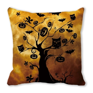 Halloween pillow cover featuring glowing pumpkins, black owl and bats on orange background