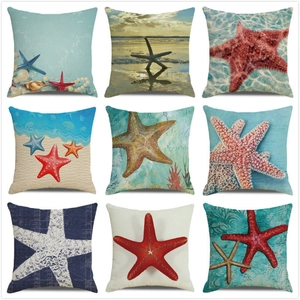 Watercolor starfish and sea shell patterns on nine square nautical cotton linen pillow covers
