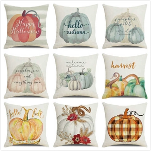 Set of 9 Happy Thanksgiving watercolor pumpkin throw pillow covers in linen texture