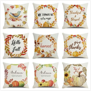 Nine watercolor fall pillow covers with pumpkin and floral prints for Thanksgiving home decor