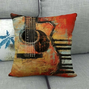 Artistic oil painting guitar and piano keyboard pattern square cushion cover on sofa