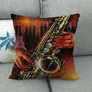 Detail of artistic saxophone oil painting cushion cover on a grey fabric sofa