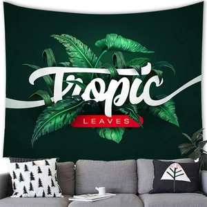 Tropical green leaves tapestry wall hanging with Tropic Leaves lettering for home decor