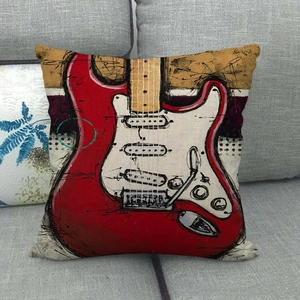 Detailed texture of linen cushion cover featuring a red electric guitar art illustration