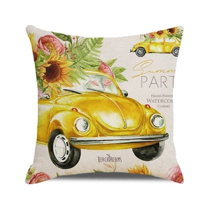 Detailed macro view of yellow vintage car and floral watercolor on pillow cover