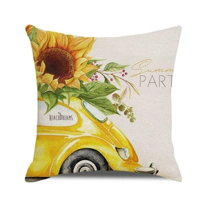 Detail of linen cushion cover featuring watercolor vintage yellow car and sunflower