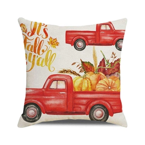 Fall watercolor pumpkin truck throw pillow cover with It's fall y'all text on linen
