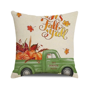 Close-up of linen fabric texture with vintage truck and pumpkin print for fall decor
