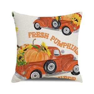 Detail of linen texture pillowcase with watercolor pumpkin truck and autumn sunflower print