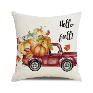 Detail of Hello Fall watercolor pumpkin truck print on linen cushion cover