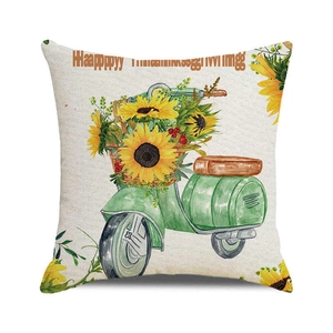Detail of hidden zipper on linen cushion cover with sunflower and scooter print