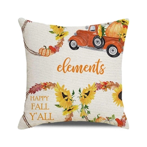 Detail of linen pillowcase with watercolor pumpkin truck and Happy Fall Y'all design