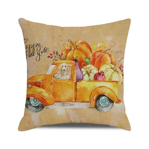 Detailed fabric texture of Happy Fall y'all pillow cover with watercolor pumpkin truck design