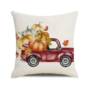 Watercolor pumpkin truck decorative linen pillow cover for Thanksgiving decor