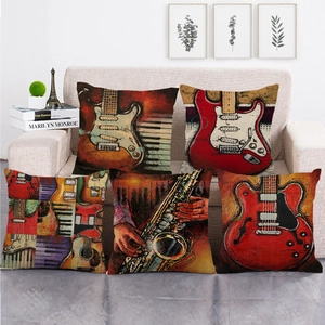 Vintage Oil Painting Musical Instrument Cushion Cover Linen Decorative Pillow Case For Guitar Saxophone Piano Lover Home Decor