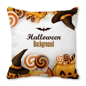 Detail of Halloween throw pillow cover with pumpkin, witch hat and candy watercolor prints