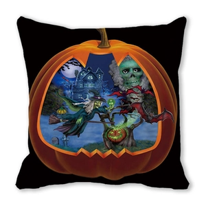 Detail of Halloween pillowcase featuring orange pumpkin with witch and castle graphics