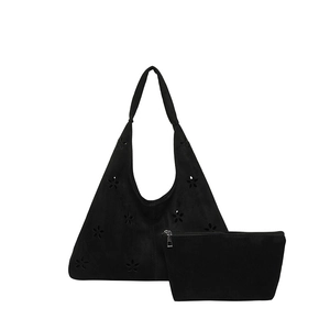 Retro black faux suede petal cutout tote bag with matching inner pouch set