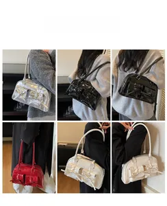 Collage of chic ballet style handbags with bow details in silver black red and white