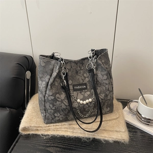 Borsa tote con stampa floreale da donna con elegante catena di perle per l'ufficio