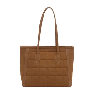 Brown quilted shoulder bag with large checkered stitching and minimalist tote design