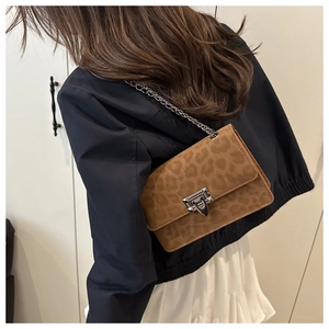 Close-up of leopard print crossbody bag with silver chain strap and metal lock closure