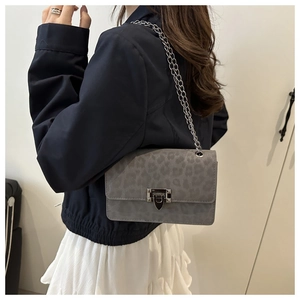 Detailed view of grey leopard print crossbody bag with silver chain strap and metal buckle
