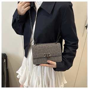 Detail of grey leopard print crossbody bag with vintage metal lock and chain strap