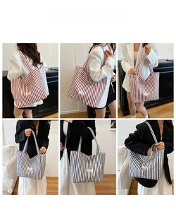 Detailed views of red and blue striped canvas tote bags for daily commute or shopping