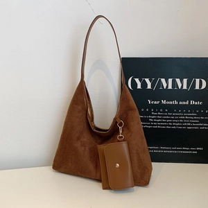 Women Minimalist Suede Fabric Shoulder Bag Large Capacity Vintage Hobo Tote Bag With Matching Small Pouch Commuting Handbag