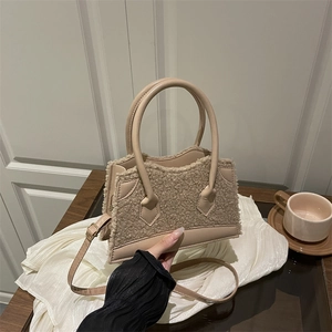 Women Plush Lamb Wool Handbag PU Leather Patchwork Crossbody Bag With Top Handles Adjustable Strap Autumn Winter Chic