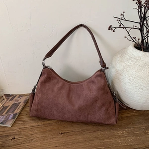 Retro dark coffee faux suede underarm bag with minimalist matte finish and shoulder strap