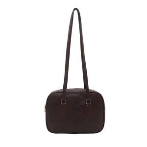 Minimalist dark brown Boston shoulder bag with silver hardware and sleek long straps