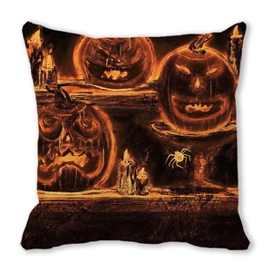 Detailed texture of peach skin fabric cushion cover with Halloween pumpkin and candle print