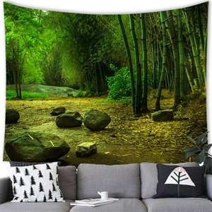 Detail of high-definition digital print showing lush bamboo forest on a wall tapestry