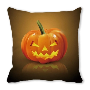 Detail of Halloween square cushion cover with vibrant orange Jack-o'-lantern pumpkin print
