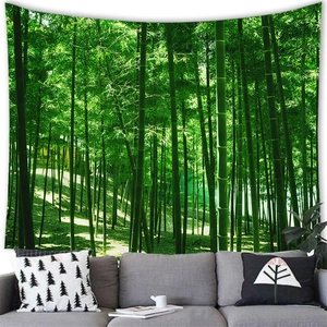 Lush green bamboo forest tapestry wall hanging for living room interior decoration