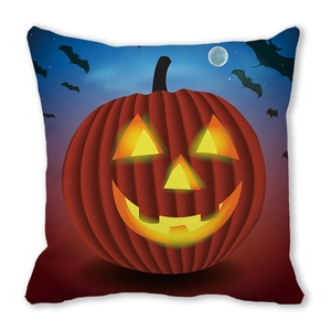 Detailed view of Halloween pillow cover featuring glowing jack-o-lantern and bats print