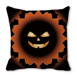 Detailed pattern of a Halloween pumpkin jack-o'-lantern and black bats on cushion cover